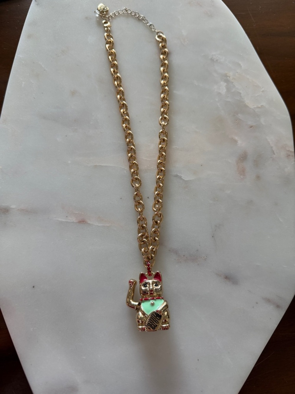 Betsy Johnson Gold-Tone Maneki Neko Lucky Pendant Necklace - Mint & Red Accent